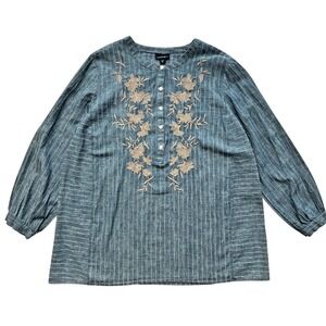 Pure Jill Blouse Tunic Indigo Blue White Stripe Boho Womens XL Embroider Floral